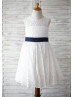Ivory Lace Navy Blue Bow Heart Hole Back Flower Girl Dress 